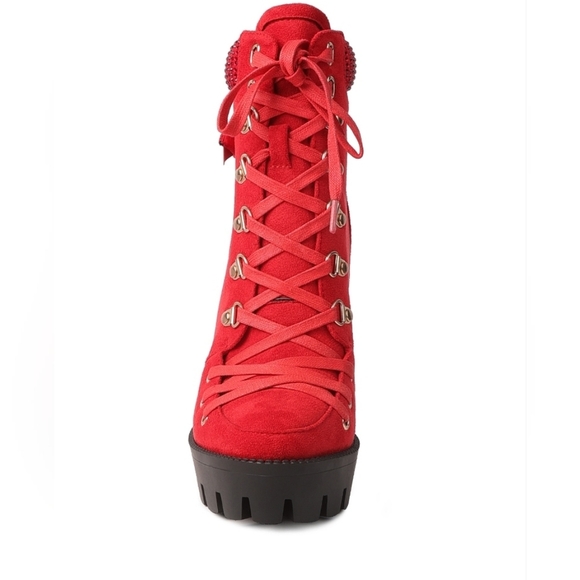 Red Lace-Up Platform Birch Diamante Block Heeled Ankle Boots Womens 8 - Picture 5 of 5